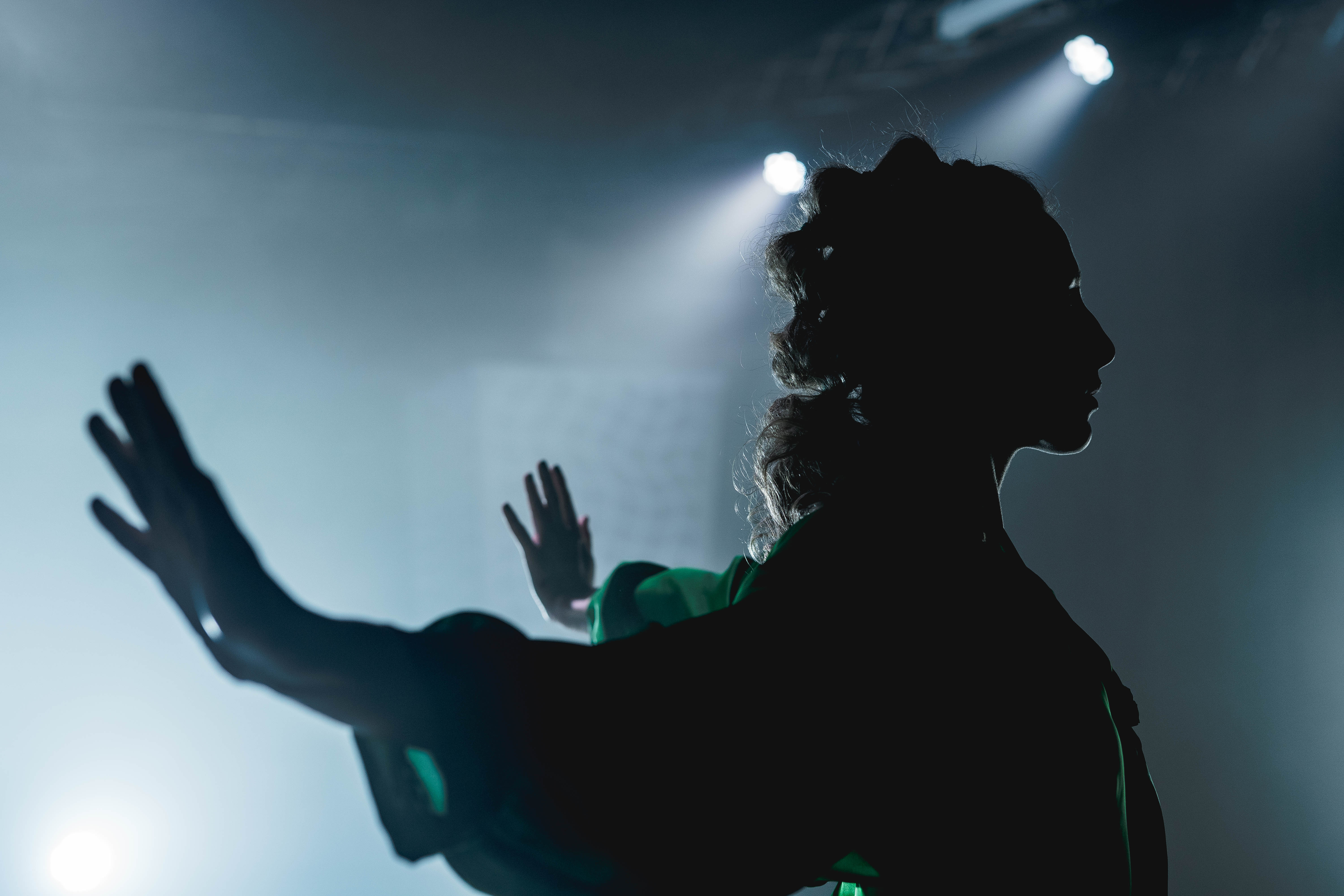 Profile of a woman dancing in shadow with her arms spread wide