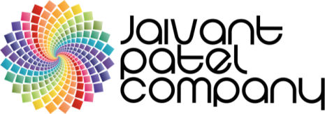 Jaivant Patel Company logo including black text and a rainbow swirl