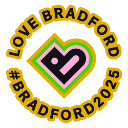 Bradford2025 logo -black text around a multicoloured heart