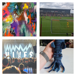 a colourful abstract painting, a football pitch, a music concert and a crochet squid