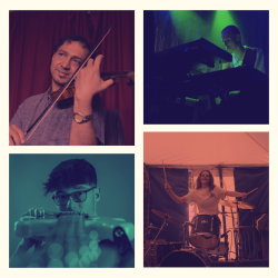 A male musician holding a violin, a male musician playing the keyboard, a male musician holding a bass guitar and a female musician playing the drums