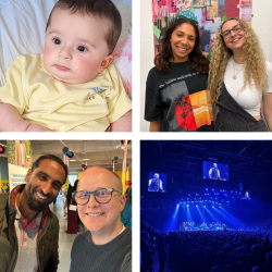 a collage of 4 photos:
1. a baby boy in a yellow baby grow
2. two girls stood in front of a painting
3. two men smiling at an exhibition
4. a man on a stage lit in blue