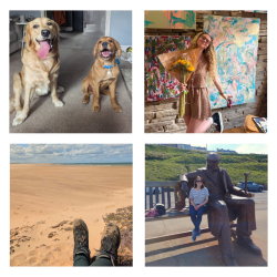 A collage of 4 photos -
- a photo of two dogs
- a photo of a girl holding a bunch of flowers infront of a wall of paintings
- a photo of someones legs wearing walking boots on a beach
- a photo of a girl sat on a bench next to a large sculpture of a man